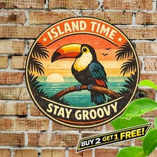 Don't Worry Be Happy Tropical Parrot Round Tin Sign Home Art 8x8