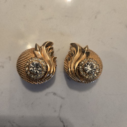 BOUCLES d' OREILLES CLIPS " MONY ART " DOREES GROS CABOCHON CRISTAL Vintage