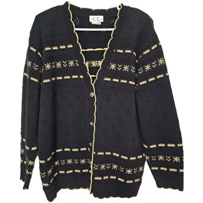 Vtg Cricket Lane Cardigan Sweater Ribbon Button Up Black Gold Sz L Grandmacore