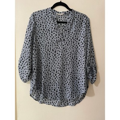 Lush Womens Blue Black Leopard Print Roll Tab Sleeve V-Neck Blouse Large T7131B