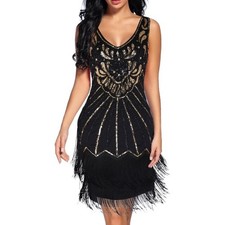 Babeyond Flapper Dress Black Gold Sequin Fringe Gatsby 1920s Costume Party L