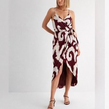 NWT Express Ikat Surplice Wrap Midi Dress Burgundy Satin Spaghetti Straps Size S
