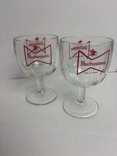 Vintage Budweiser Beer Drinking Glasses Goblet Lot of 2 Clear Red Bowtie Barware
