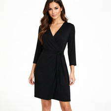 Studio M Black Wrap Dress Sz M Classic Preppy Minimalist Retro Gift Stretch