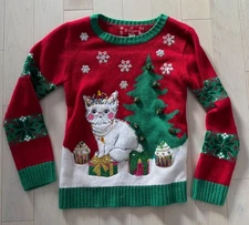 33 Degrees Ugly Christmas Sweater Girls Kids SIZE LARGE 10-12 Cat  FREE SHIP