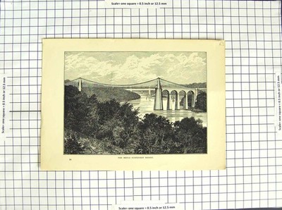 Alter antiker Druck um 1790-um 1900 Menai Hängebrücke Flussbau 18.