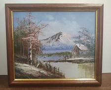 Mountain Scene Log Cabin Painting Wood Frame 10.75x9.25"