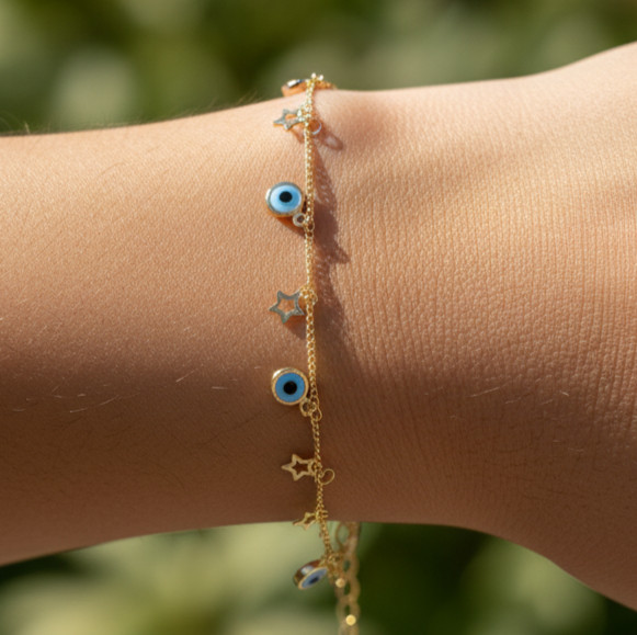 Evil Eye Star Charm Bracelet | Gold-Plated Brass Chain | Dainty Lucky Jewelry