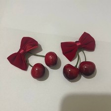 2 Women Girl Red Cherry With Ribbon Hair Clips