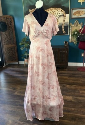 Baltic Born Pink Floral Satin Maxi Dress Bias Dainty Romantic Flutter Sleeve