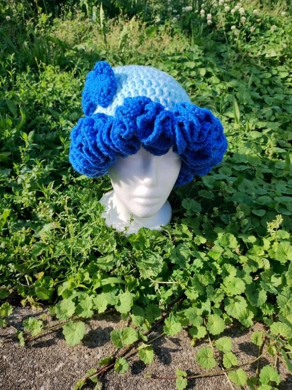 Handmade Crochet Blue And Light Blue Bucket Hat With Ruffles One Size Fits Most