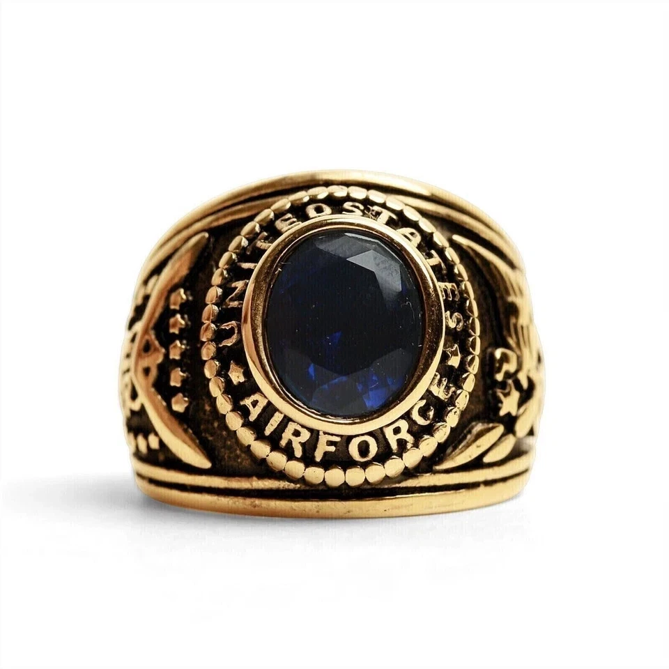 Anillo Aggie de la Fuerza Aérea de los Estados Unidos con zafiro ovalado de 2,3 quilates enchapado en oro amarillo de 14 k Foto 3 de 4