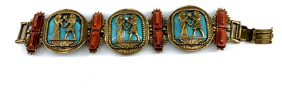 Egyptian Revival Bracelet 7'' Unsigned Statement PIece Vintage Metal Plastic