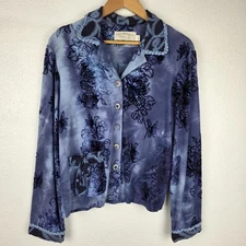 Womens M Boho Luxe Velvet Burnout Tie Dye Button Blouse Top Crochet Trim Blue 
