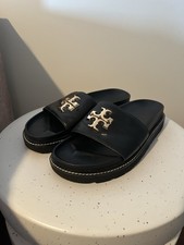 Women's Tory Burch Everly Anatomic Cloud Calf Leather Slides in Black Size 9