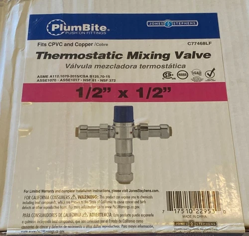 Jones Stephens, C77468LF Plumbite Fittings Push On Thermostatic Mixing Valve,1/2 - Picture 2 of 10