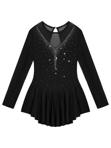 Kids Girls Rhinestone Ballet Dance Dress Mesh Figure Ice Skating Leotard Dresses - Picture 30 of 48