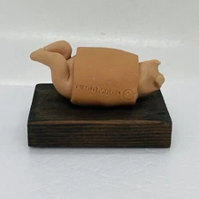 Vintage Ceramic Baby Pig Laying Upside Down Art Sculpture Wood Stand Signed 10