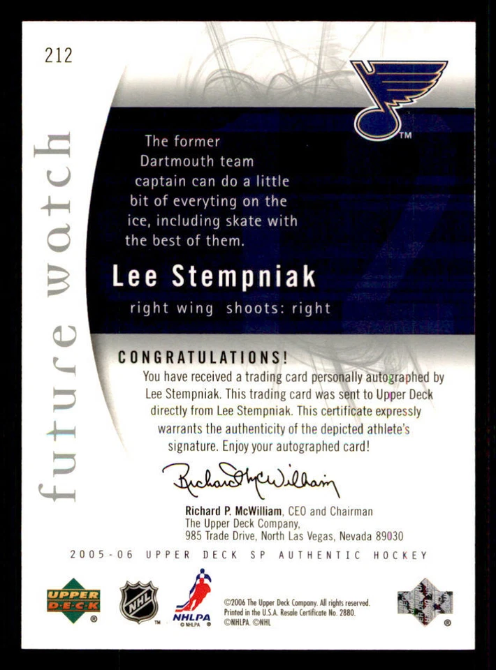 2005-06 SP Authentic #212 Lee Stempniak AU RC /999 (ref 240359) - Image 2 of 2