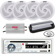 Pyle PLCDBT65 Boat Radio CD Receiver, 4 White Speakers, 400W Amp, Cover, Antenna