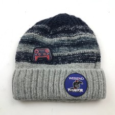 Weekend Warrior Beanie Hat Cap Youth Gray Blue Knit Boys Kids Cuffed Video Games