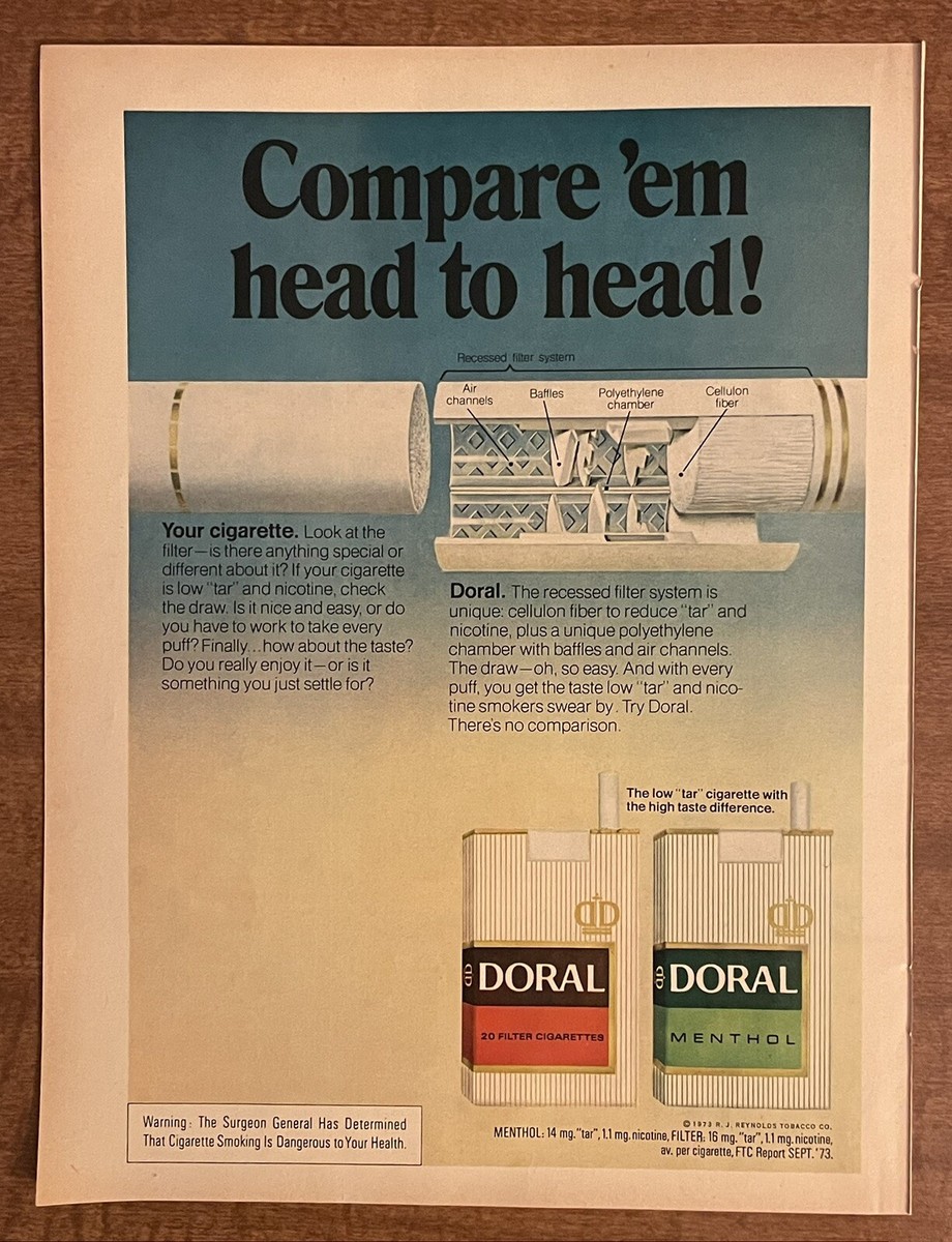 1974 Doral Recessed Filter Cigarettes Compare Head-to-Head Tobacco 70s  Print Ad