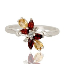 Natural Citrine Garnet White Topaz Gemstone 925 Sterling Silver Ring Jewelry