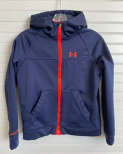 Under Armour Cold Gear boys Navy jacket, neon orange zipper, large