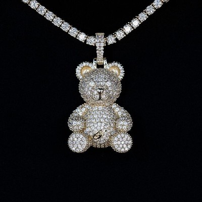 4Ct Round Cut Real Moissanite Bear Cartoon Charm Pendant 14K Rose Gold Plated