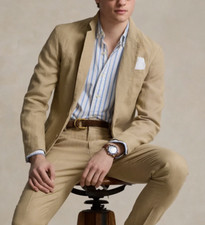 Linen Men's Suits Summer Khaki 2Pcs Wedding Groom Casual Prom Party Tuxedos