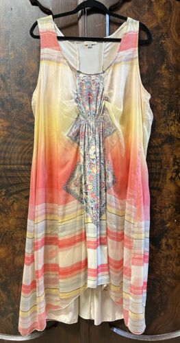 One World Dress Sz 2X Sleeveless Layered Asymmetric Hem Bling Boho Yellow/Orange