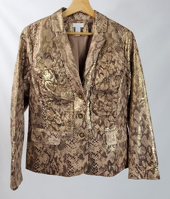 Chico's Snake Print Gold Brown Ruched Ruffle Jacket Blazer Size Med Long Sleeve