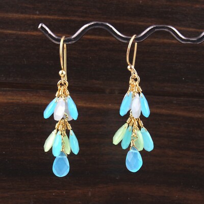 Chalcedony Agate Clear Quartz Yellow Gold Plated Drop Dangle Grapes Earrings