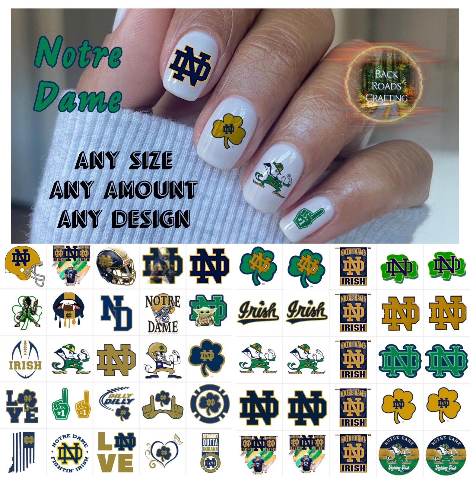 50 Notre Dame Waterslide Nail Decals with Bonus Application Guide