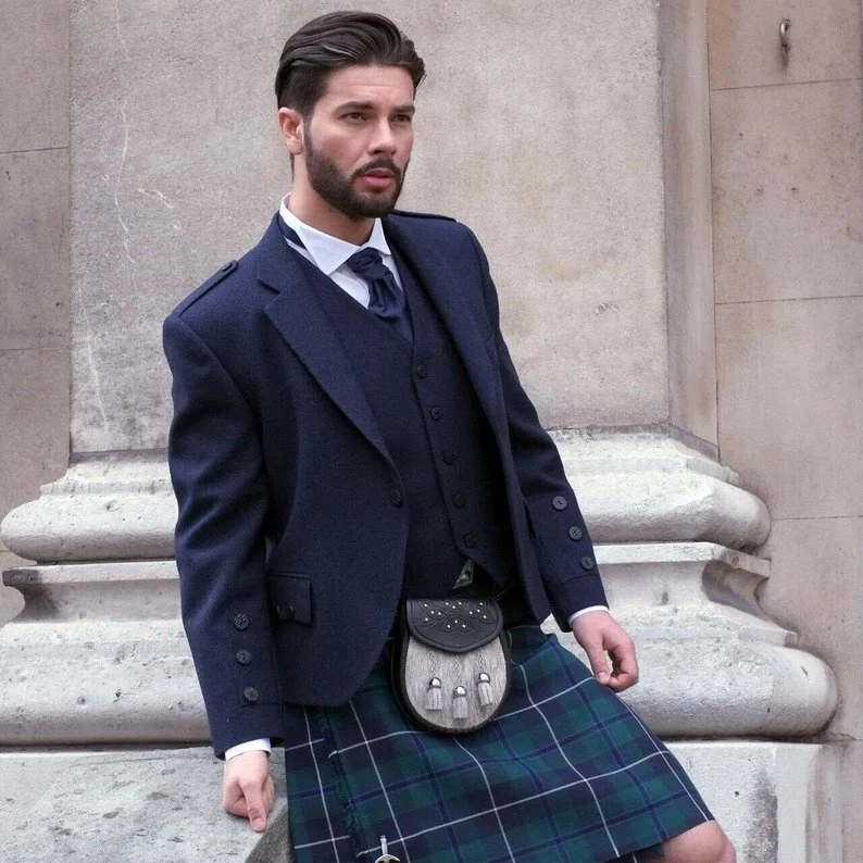 Men's Navy Blue Wool Kilt Jacket Waistcoat Scottish Argyle Wedding Kilt  Outfit | eBay