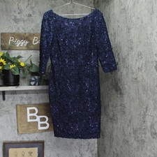 jessica Howard Womens Boat Neck Lace Sheath Dress with Sequins Navy Blue 14