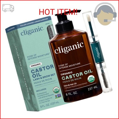 Cliganic Organic Castor Oil, 100% Pure (8oz with Eyelash Kit) - For Eyelashes, E
