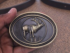 Western Belt Buckle With Handmade Leather Strap  Elk Deer Design - Rodeo Buckle