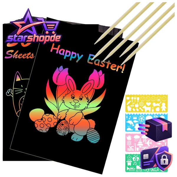 Vicloon Kratzbilder Kinder, 50 BläTter Regenbogen Kratzpapier 13 * 19Cm-image