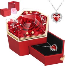 Preserved Red Real Rose with Necklace Forever Flowers Diamond Shaped Bo