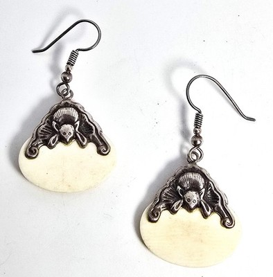 Chinese Export ornate Bat Mother of Pearl MOP sterling silver drop vintage earri