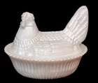 RARE! Boyd Vintage Full Size Carnival Iridescent Milk Glass Hen On Nest