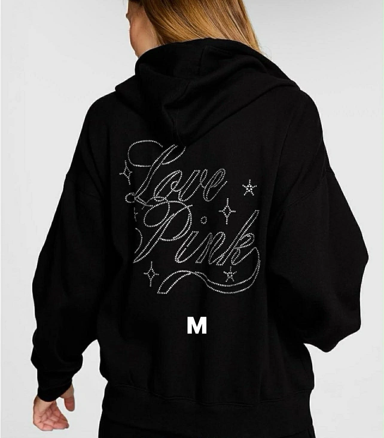 Victoria’s Secret PINK IVY FLEECE Campus Full-Zip Hoodie BLACK BLING LOGO MEDIUM