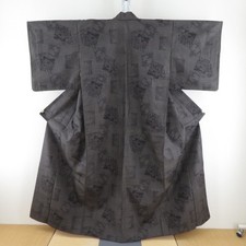 Tsumugi kimono Silk landscape pattern in squares Black 61.8inch Women's