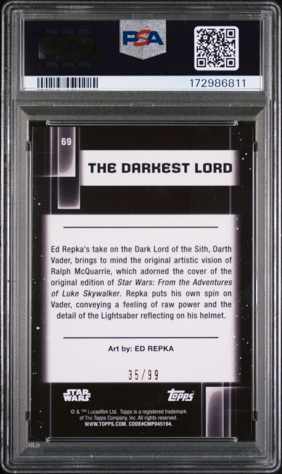2021 TOPPS STAR WARS GALAXY 69 THE DARKEST LORD WAVE REFRACTOR /99 VADER PSA 9 view 2