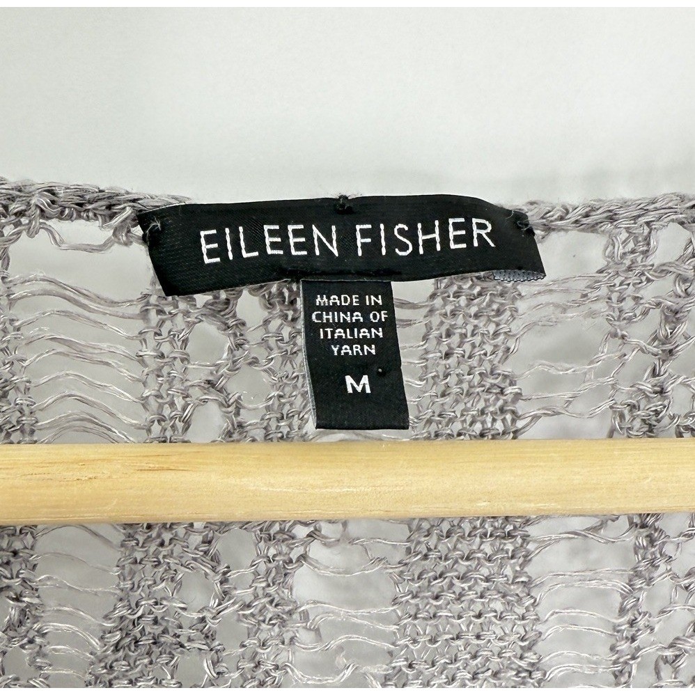 EILEEN FISHER Sweater Linen Metallic Cotton Open Knit Gray Sz M Preppy See Photo