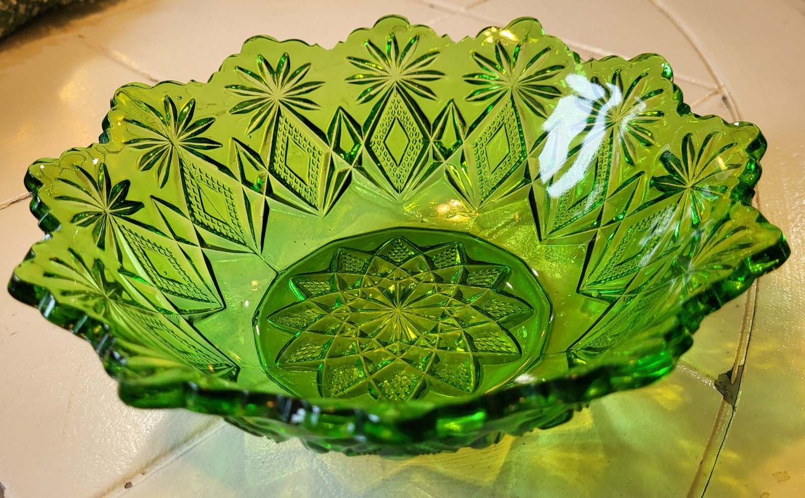 Antique US Glass Co Rare Green Bowl Shosone Blazing Pinwheel Early Amer See Pics