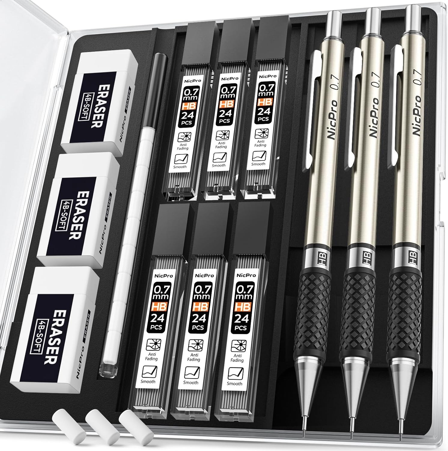 Nicpro 0.7 mm Art Mechanical Pencil Set in Storage Case, 3 PCS 0.7mm, Black 