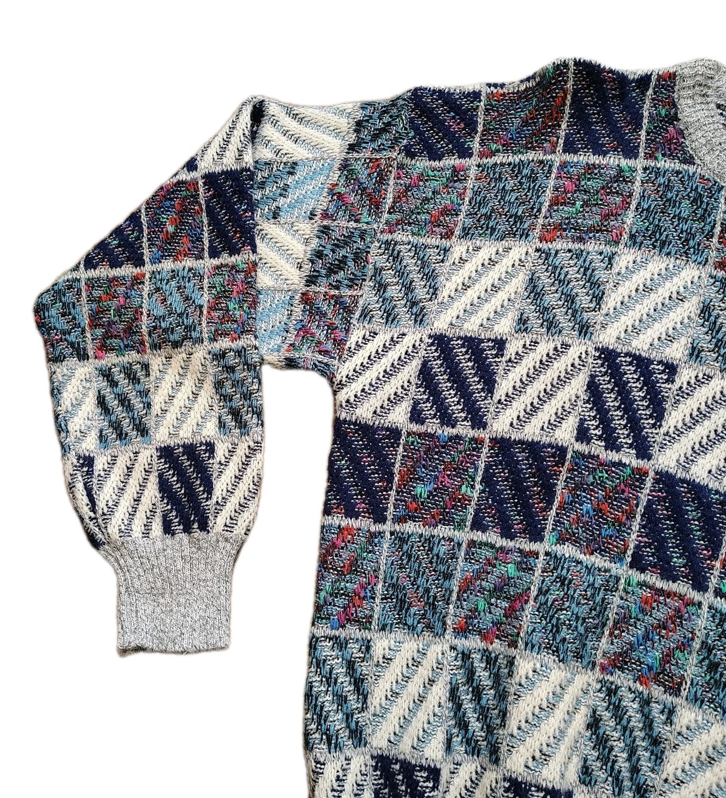 Vintage 80s Geometric Patchwork Knit Sweater Men’… - image 2