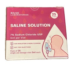Base Sterile Saline Solution 7 Sodium Chloride USP 5ml 25Ct Vial 12/2027 Sealed